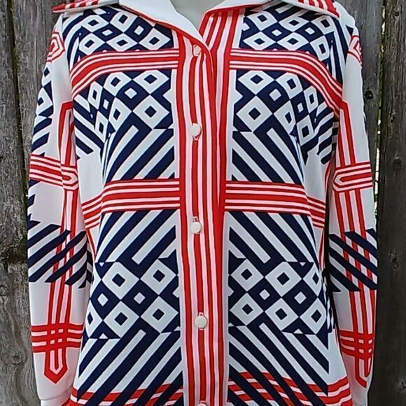 70s Nautical Geometric Stripes Long Sleeve Shirt - Picture 2 of 7